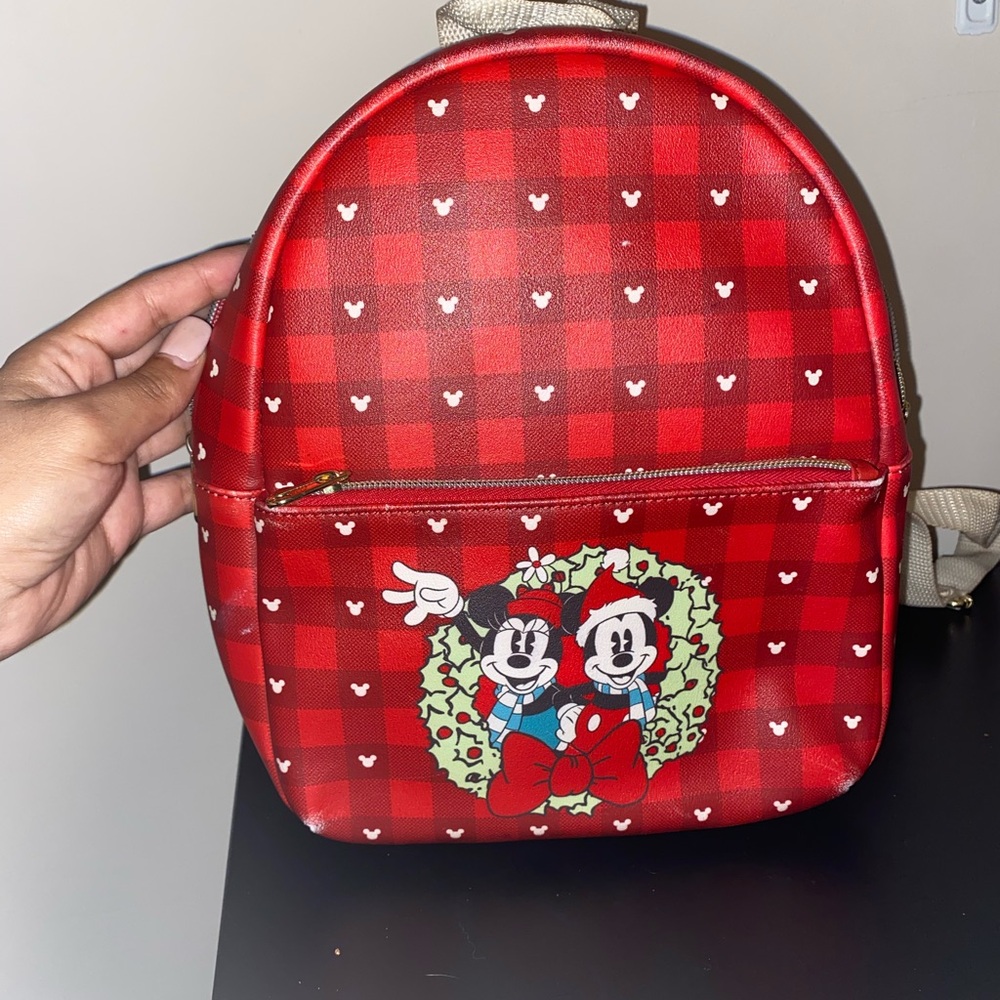 Red Checkered Backpack with Mickey and Minnie Mouse
